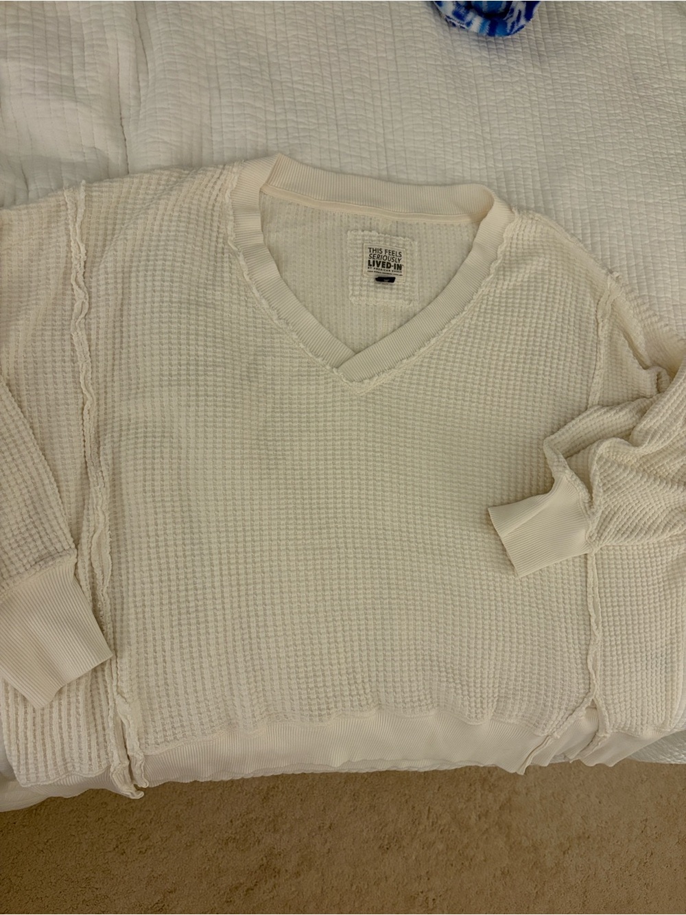 American Eagle Outfitters Cream Waffle V-Neck Sweater